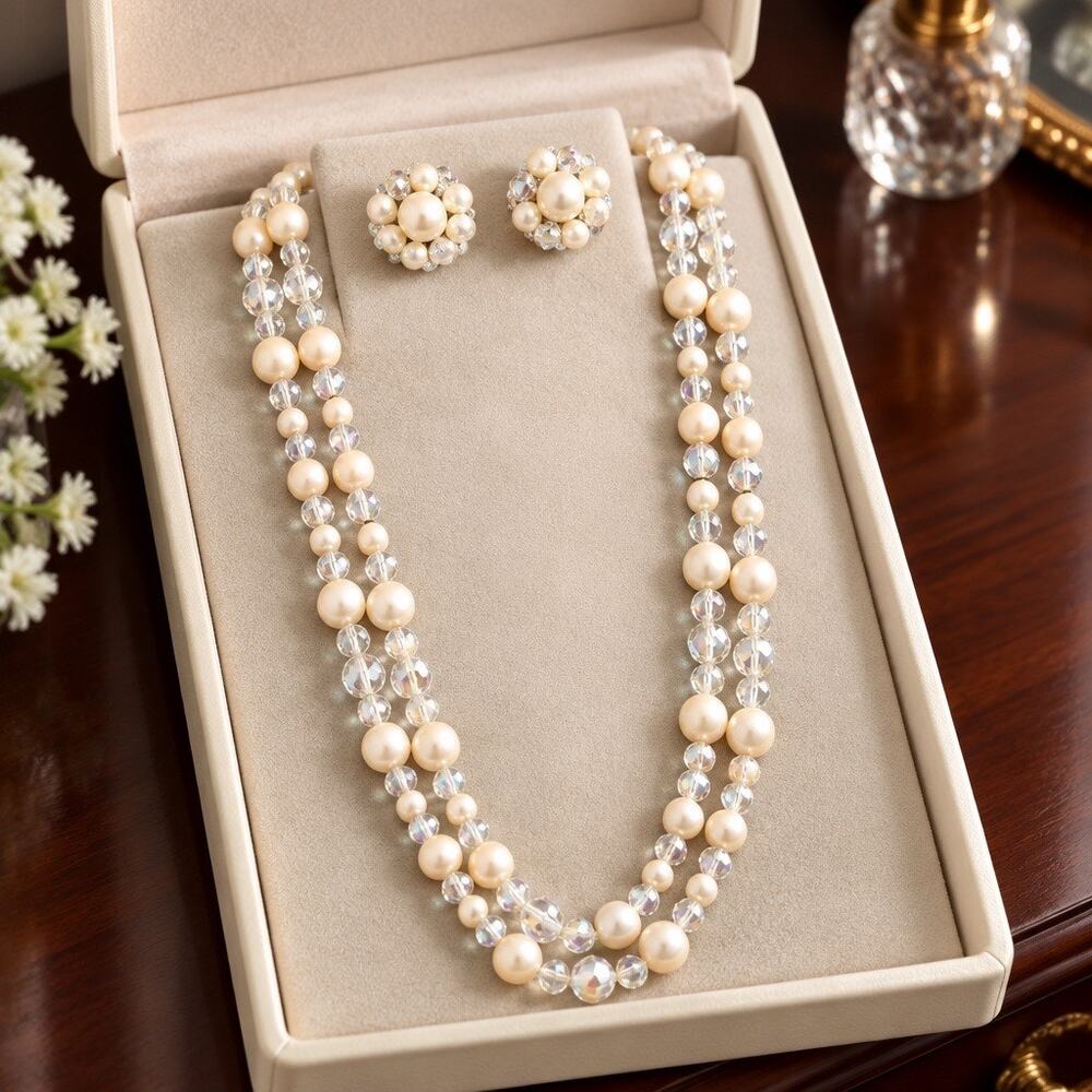 Vintage 1950s Aurora Borealis Crystal Layered Necklace Earrings Set